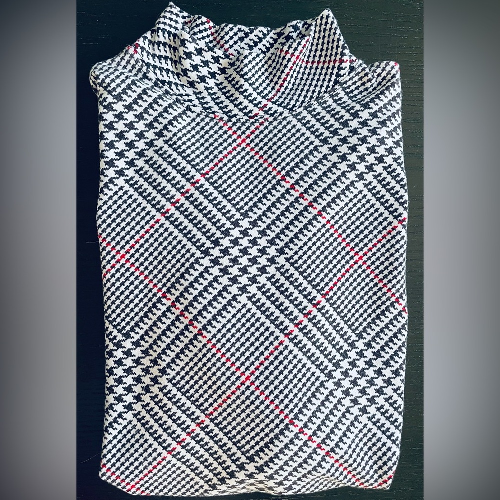 Talbots Black, White, and Red Plaid mock turtleneck top. Like new!